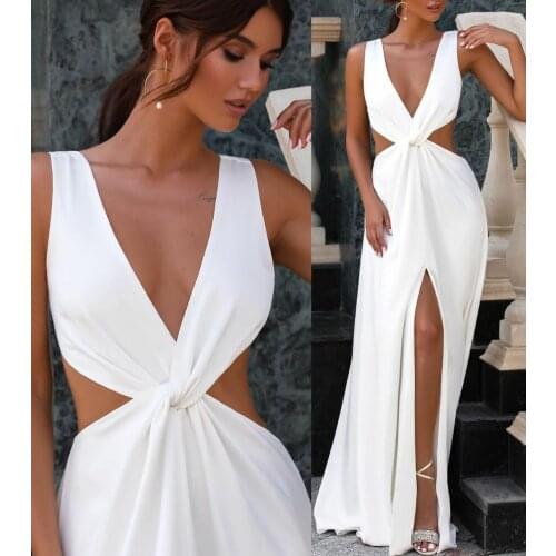 Sexy Deep V-Neck Long White Evening Dresses with Pockets A-Line Open Back Chiffon Abendkleider Robes de Soirée for Women