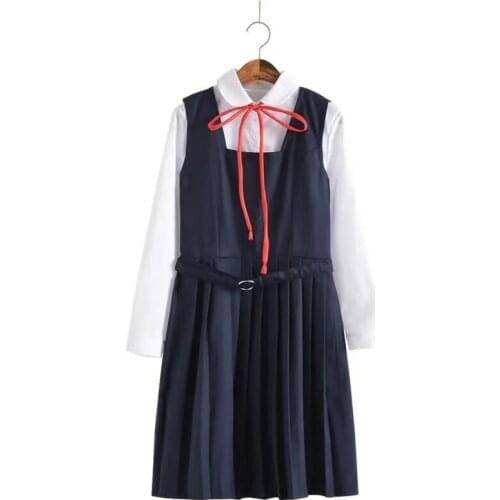 School Dresses For Girls White Long-sleeved Top White Shirt With Tie Navy Blue Vest Pleated Dress Short Skirt Anime Form Costume