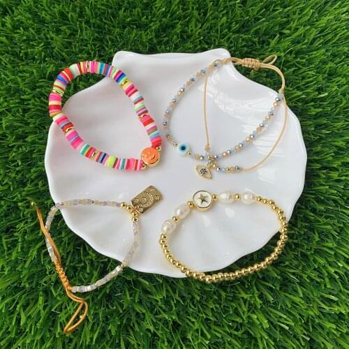 Blue Eye Lucky Silver Micro-Set Blue Stone Custom Jewelry Gold Bead Elastic Rainbow Soft ceramic Beaded Bracelet