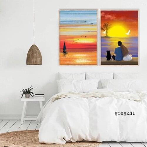 Dreamy Sky Sunset Lovers Nordic Poster Abstract Landscape Canvas Painting Seaside Walk Wall Art Pictures Bedroom Home Decor Gift