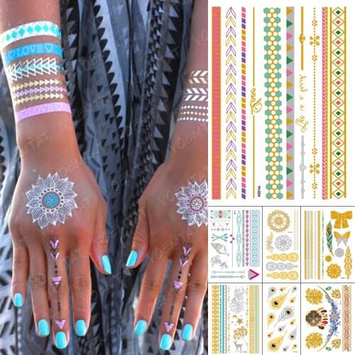 Waterproof Temporary Tattoo Sticker Pink Bracelet Sea Gold Metallic Flash Tatoo Boho Conch Anchor Jewelry Glitter Body Art