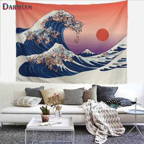 DARMIAN Japanese Painting Tapestry The Great Ocean Wave Art Printed Microfiber Fabric Wall Hanging Home Decoration Tapestries