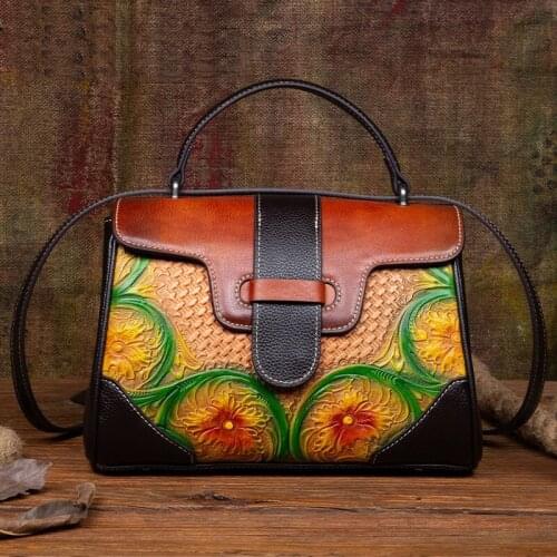 Handmade Embossed Women Bag 2021 New Vintage Genuine Leather Versatile Handbag Shopping Nature Cowhide Shoulder Messenger Bags