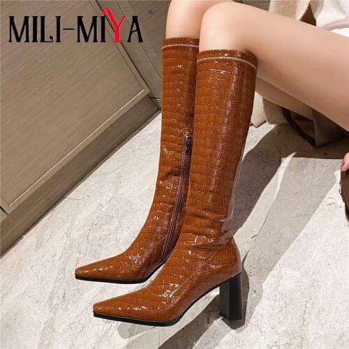 MILI-MIYA 2021 Fashion Knee High Boots Women Stone Pattern Square Toe Heel Autumn Winter Ladies Zip Party Dress Handmade Shoes