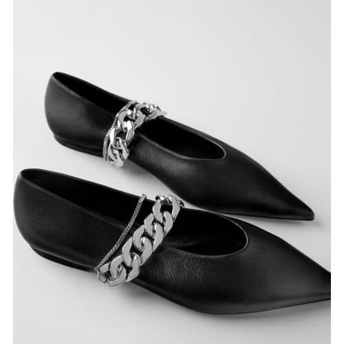 2021 Autumn Flats Shoes Women Black Genuine Leather Pointed Flat Mary Janes Ballet Flats Single Shoe Chain Punk Casual Shoes