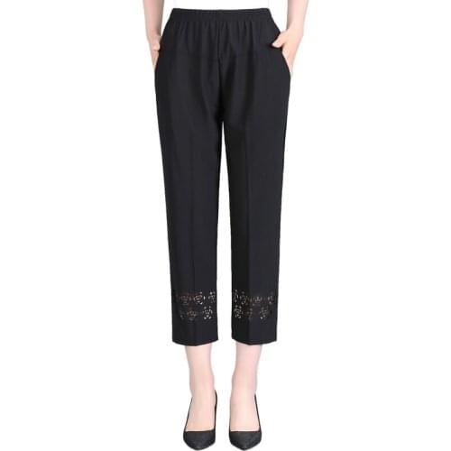 Flower Hollow Out Women Cropped Trousers Plus Size Summer Clothes Elastic High Waist Black Pants Mother Casual Loose New 3XL 4XL