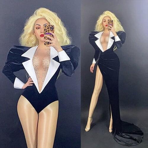 Female Individual Puff Sleeve Velvet Bodysuit Tailing Stage Costume For Singer Host Birthday Party Celebration Evening Dresses