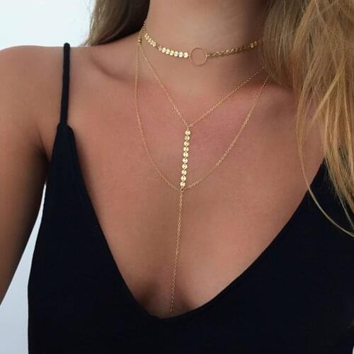 Summer Simple Gold Silver Color Chain Choker Necklace Long Circle Coin Chocker Necklaces For Women collar collier