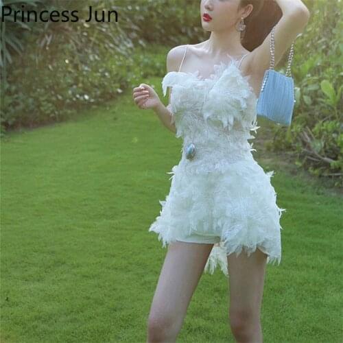 2021 New Summer Sexy Women White Feather Dress Sleeveless Suspender Fairy Mini Dress Embroidery Flower Fur Straps Slim Dress