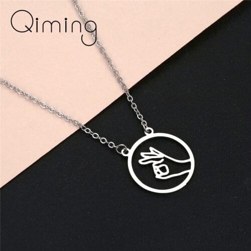 QIMING Figure Sign Language Women Necklace Yes Ok Pendants Necklaces Gold Silver Round Geometric Couple Jewelry