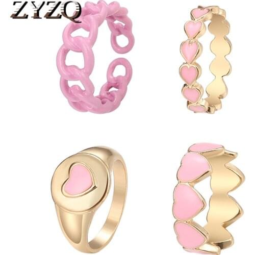 ZYZQ 2021 4pcs Simple Sweet Pink Love Ring Set Creative Personality Ring For Women Girls Fashion Student Gift Jewelry