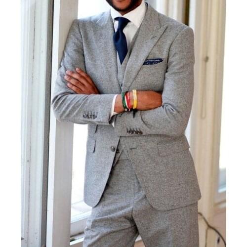 2017 Latest Coat Pant Designs Light Grey Tweed Men Suit Slim Fit Tuxedo Skinny 3 Piece Groom Suits Casual Style Blazer Masculino