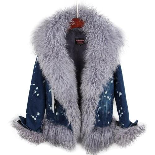 2018 Natural wool lined with luxurious wool fur collar denim coat winter casual warm fashion short fur jacket