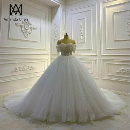 Off White Off Shoulder Pearls Glitter Wedding dress