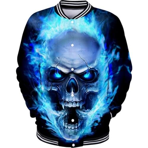 Blue Flame Skull Head 3d Baseball Jacket Coat Men Women Hoodie Sweatshirts Tops Pocket Button Long Sleeve Unisex Hoodies Jackets