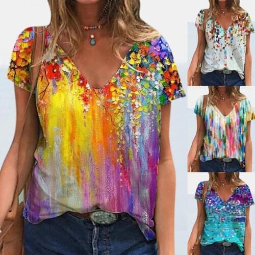 Summer Color V-neck Blouses Tassel Oil Painting Print Top Women Casual Blouses Short-sleeved Top Shirt Футболка Оверсайз