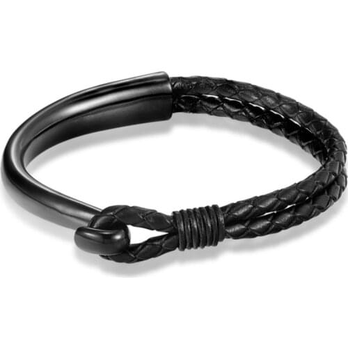 Fashion 21cm Stainless Steel Woven Black Braid Cuff Genuine Leather Bracelets & Anchor Bracelet Men Jewelry Summer Gift Pulseira