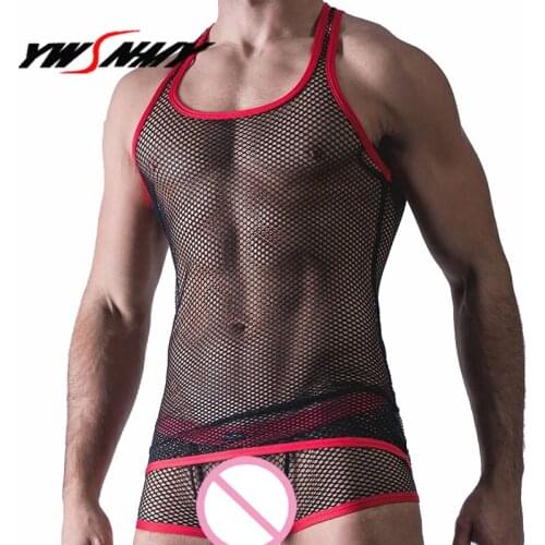 Mens Tank Tops+Boxer 2pcs Men Sexy Singlet Underwear Sets Transparent Mesh Exotic Tops Gay Tight-fitting Tees Male Undershirt