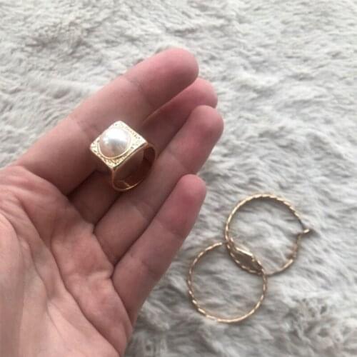 Elegant Graceful Gold Color Plating Engraved Square Surface with Half Pearl Decorated Ring For Women Lady Gift Jewelry Accessory