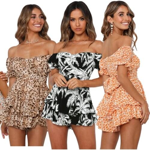 Women Bodysuit Summer Sexy Ruffled One Shoulder Jumpsuit Digital Printing Tube Tops Shorts Ladies Casual Floral Printing Rompers