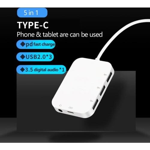 USB Type C Hub OTG Adapter 5 in 1 Type-C to 3 USB 2.0 Splitter with 3.5mm Jack Audio Hearphone Converter for MacBook Pro/Air USB