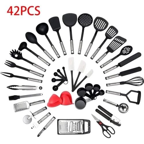 Kitchen Utensils Set Nylon Stainless Steel Kitchen Utensils Non-Stick Cookware Durable Cookware Black Spatula Kitchen Gadgets