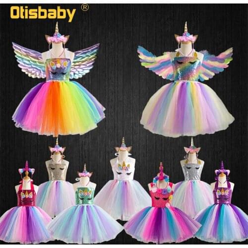 Summer Fancy Girl Sleeveless Rainbow Floral Unicorn Tutu Dress With Wings Kids Sling Horse Tulle Print Little Pony Party Clothes