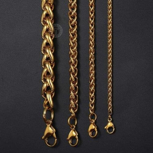 Davieslee Mens Necklace Chain Stainless Steel Wheat Link Black Gold Silver Color Necklaces for Men Wholesale 3/4/5/6mm DLKNM44