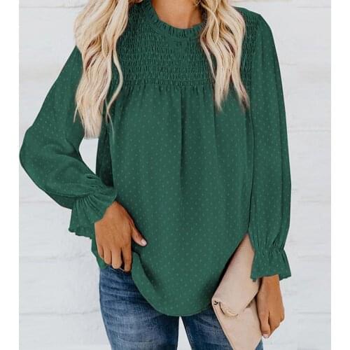 Autumn Women Blouse Long Lantern Sleeve Drawstring Polka Dot Ruffled O Neck Loose Breathable Soft Female Shirt for Daily Wear