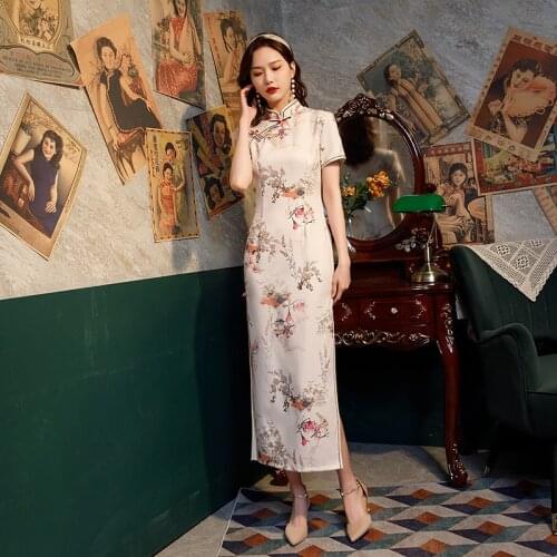 Sexy Print Chinese Women Short Sleeve Dress Traditional Jacquard Satin Cheongsam Autumn Silk Mandarin Collar Qipao