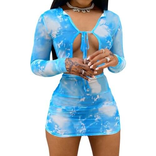 Tie Dye Beach Sexy Dress Women Two Piece Set Club Outfits Long Sleeve Bandage Crop Tops and Mini Skirts Bodycon Summer Suit