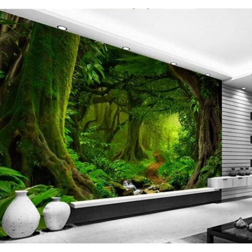 Custom Wallpaper 3D Tropics Forests Waterfall Trees Jungle Nature Modern Forest Path Wall Sticker Living Room Bedroom Mural