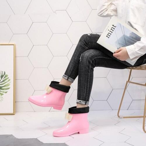 Girls Casual Fashion PVC Martin Rain Boots Waterproof Women Ankle Non-slip Woman Add Cotton Winter Warm Rainboots Water Shoes