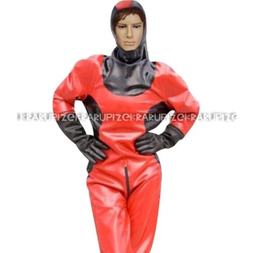 Red And Black Fireman Sexy Latex Catsuit With Gloves Rubber Bodysuit Overall Zentai Body Suit Plus Size LTY-0274