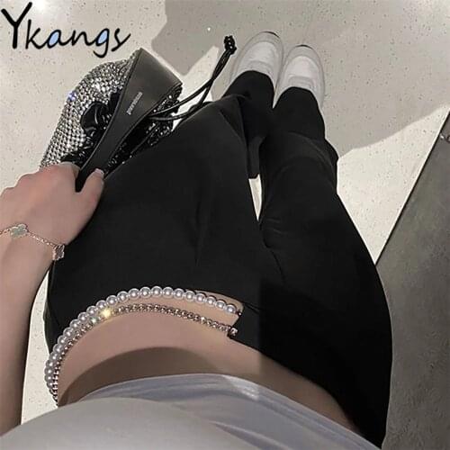 Removable Faux Pearl Rhinestone Chan Black Suit Pants Korean Gothic High Waist Straight Leg Pants Harajuku Women Y2k Trousers