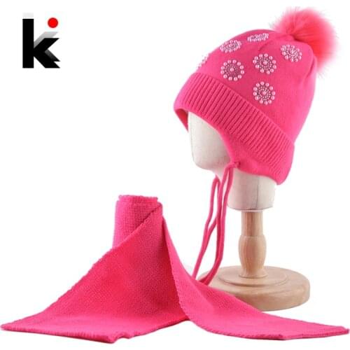 Girls Imitation Fur Pom pom Winter Hat Scarf Set Cute Pearls Knitted Hats With Ear Protection children Thick Warm Kids Cap Scarf