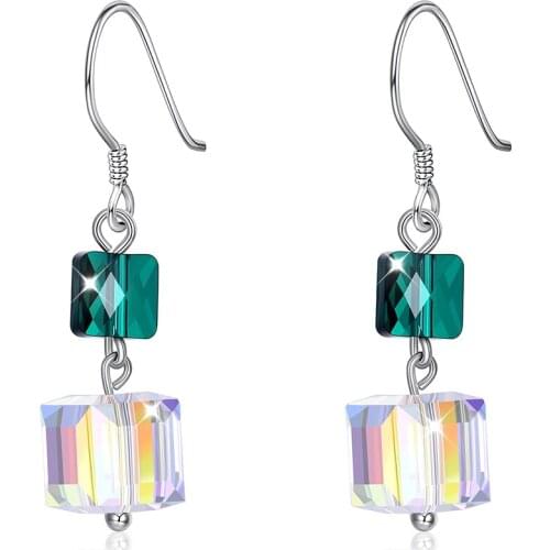 SILVERHOO Womens Earrings 925 Sterling Silver Geometric Square Colorful Austria Crystal Drop Earring Female Personality Jewelry
