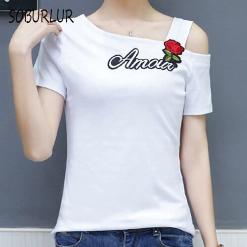 SOBURLUR Womens T-shirt Basic Flower Crop Top Woman Clothes Short Sleeve T shirt Solid color Tees White Shirts 2021 Summer Sexy