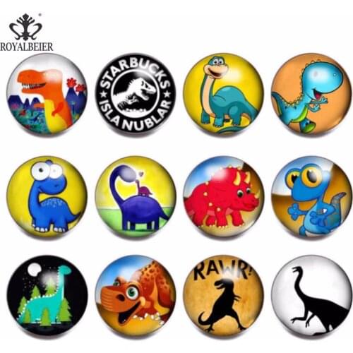 RoyalBeier 12pcs/lot Cute Catroon Dinosaur Theme Glass Charms 18mm Snap Button For 20mm Snaps Bracelet Snap Jewelry KZ0822