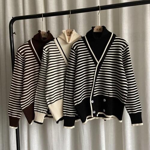Contrast Color Stripe Splice Fake Two-piece Turtleneck Sweater Fashion Knitwear Pullover Sweaters 2021 Spring Women