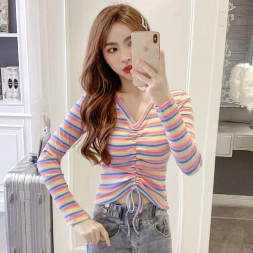 2020 New Autumn Rainbow Stripe Tees Women Long Sleeve V-neck Bow Korean Style Causal Hip Hop Streetwear Short T Shirts A50