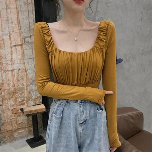 Female Fashion Slim T Shirts Solid Long Sleeves Ladies Square Collar Casual T-shirt Women Sexy Elegant Top Tees Pleated T-shirt