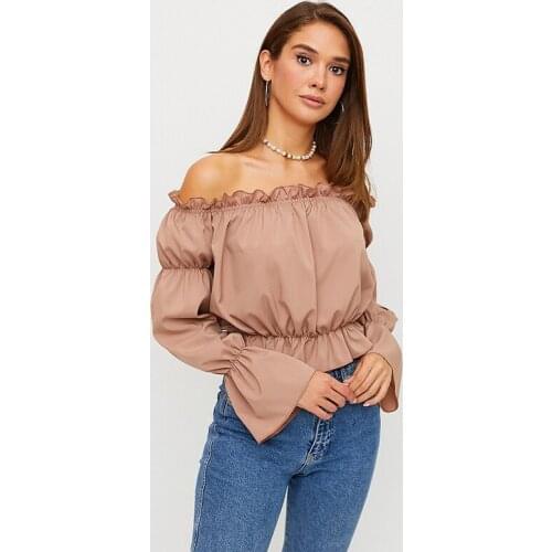 Women Office Lady Off the Shoulder Ruffled Blouse Long Sleeve Slash Neck Solid Casual Tops 2021 Summer Streetwear Women Blouse