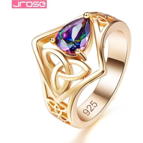 JROSE Fashion Pears Mystic Rainbow Green Cubic Zirconia Jewelry Silver Goldplated Ring Size 6 7 8 9 JEWELRY Women Ring