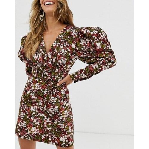 2021 Sexy V Neck Print Flower Mini Dress Women Green Long Sleeves Fashion Puff Sleeves Spring Summer Slim Short Bohemian Dresses