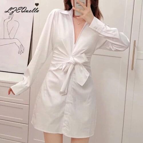 LZEQuella Women High Waist Lace Up Bowtie Mini Dress Spring Summer Fashion White Zipper Long Sleeve Shirt Dresses Vestidos