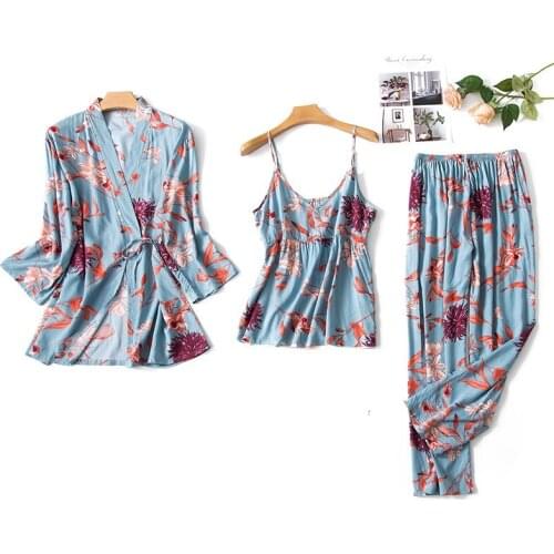 3Pcs New Satin Pajamas for Women Pjs Home Wear Clothes Print Floral Cotton Sling Sleepwear Ladies Sexy Loose Nightwear Sets