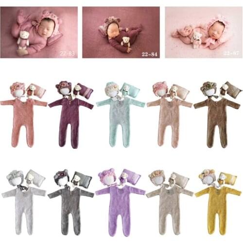 4 Pcs/Set Photo Shooting Clothing Outfits Baby Infants Hat Pillow Romper Jumpsuit Bear Doll Newborn Photography Props