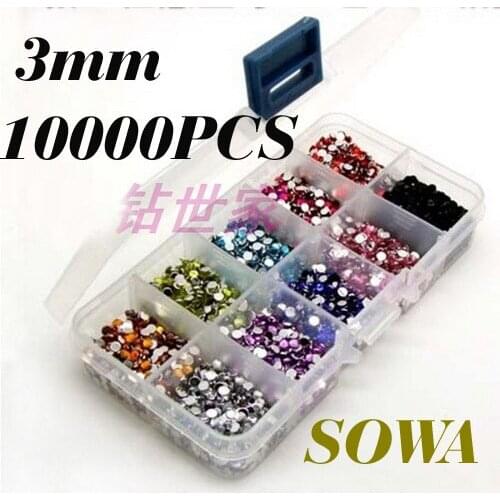 Free Shipping A 10 Grid Drilling Box + SS12 Size 3mm 10000pcs Multicolor Resin beads Flatback 10 Colors Randomly