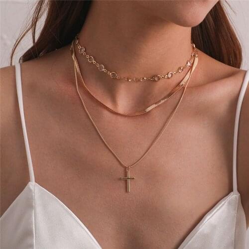 Zuowen Multilayers Punk Chains Cross Necklace Couple Fashion Street Hip Hop Geometric Metal Pendant Necklaces for Women Jewelry